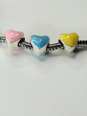 New Three Pastel Heart Charms For Pandora Bracelets Yellow, Blue, Pink Metal